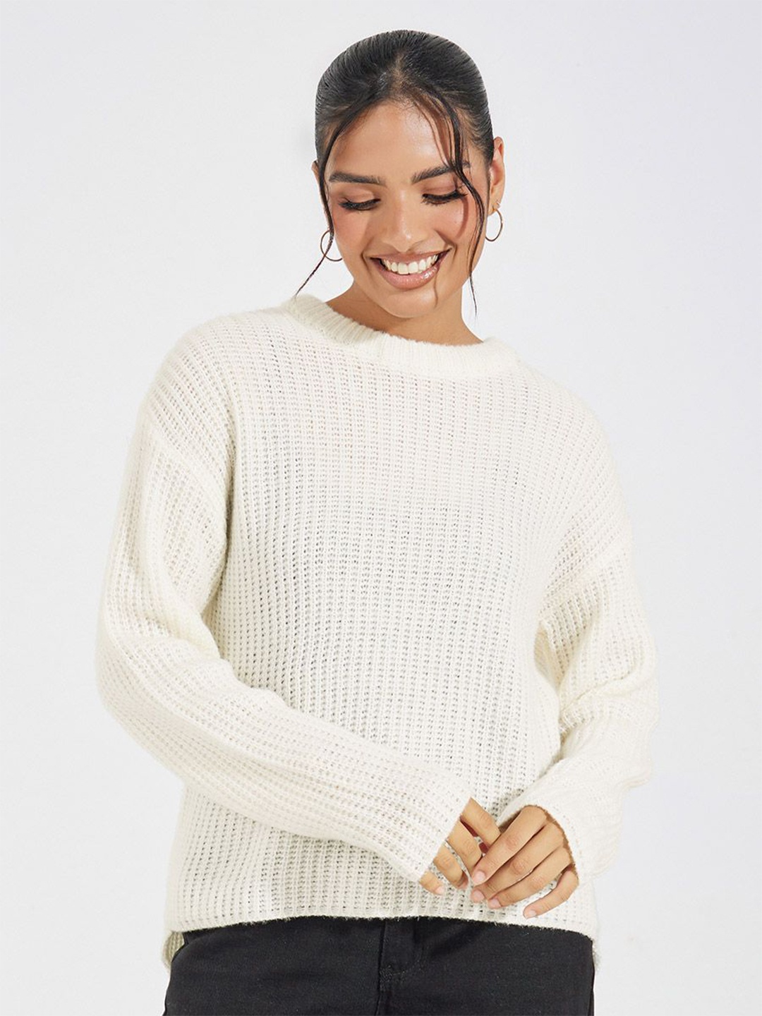 

Styli Women Fancy Yarn Regular Length Boxy Fit Sweater, Off white