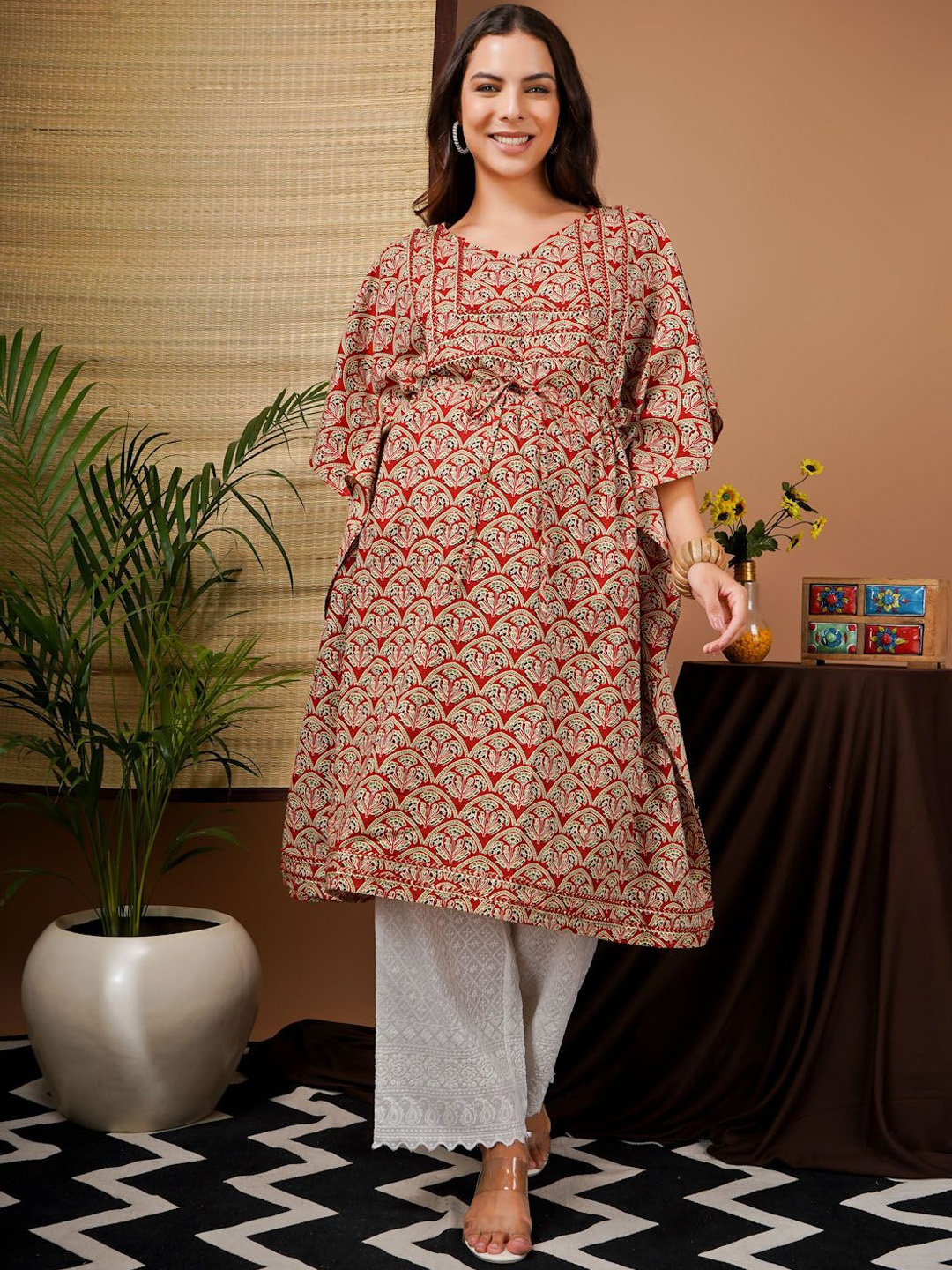 

Angloindu Printed Maternity Pure Cotton Kaftan Kurta & Trousers, Red