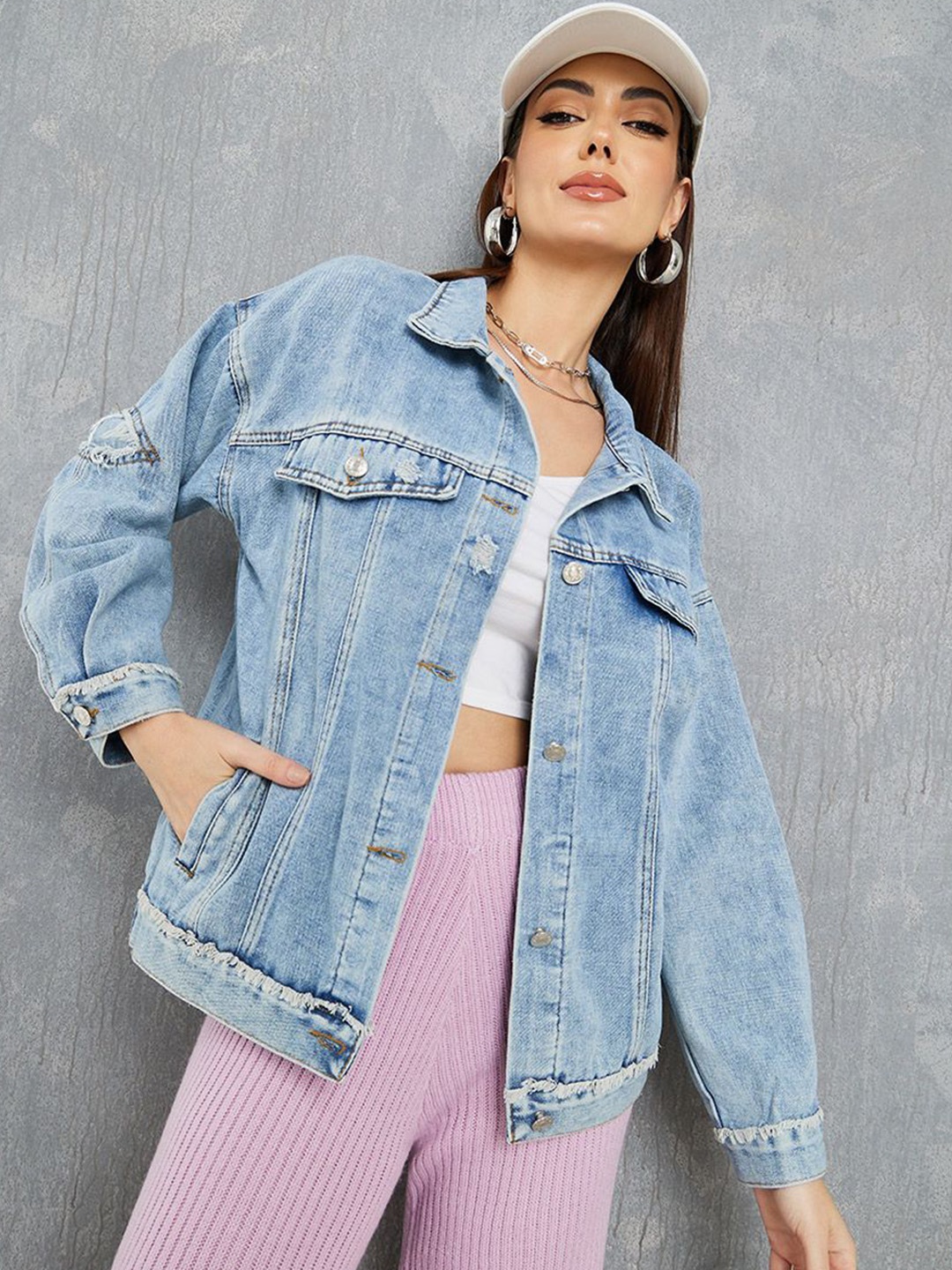 

Styli Women Oversized Solid Denim Jacket, Blue