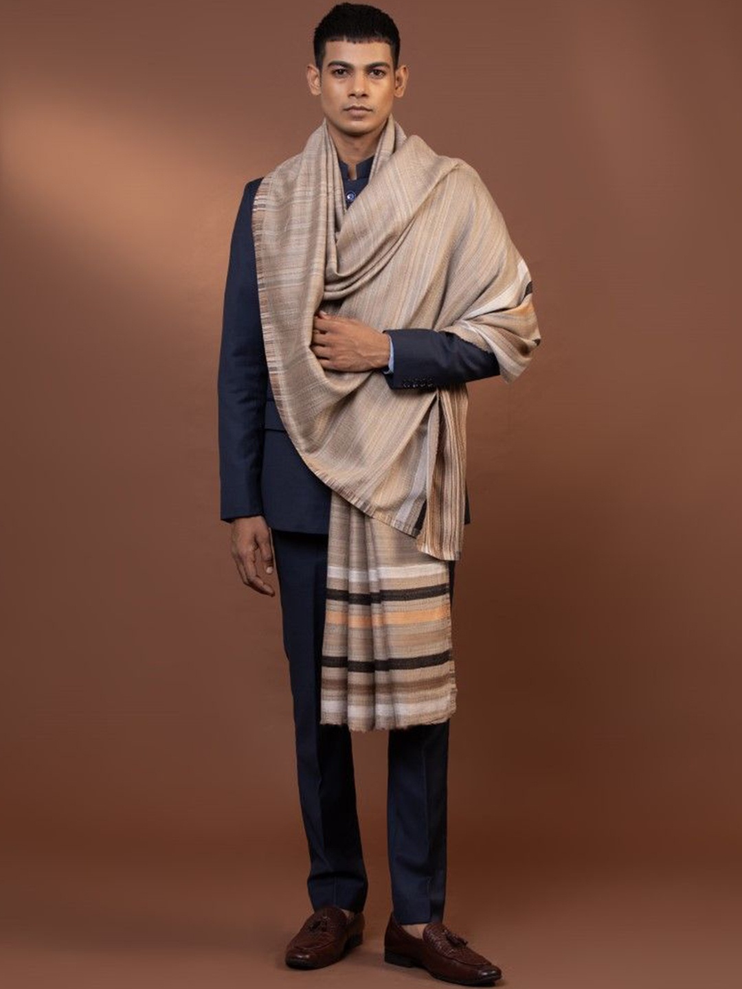 

MODARTA Striped Woven Design Woolen Shawl, Beige