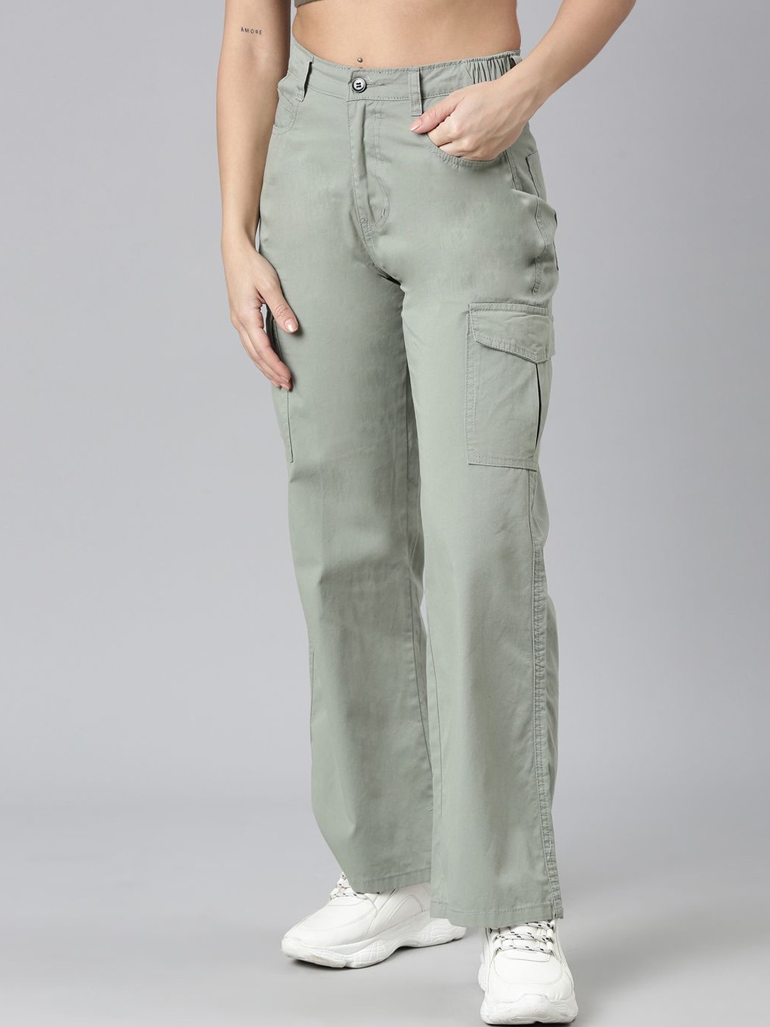 

ZHEIA Women Straight Fit High-Rise Cargos Trousers, Green