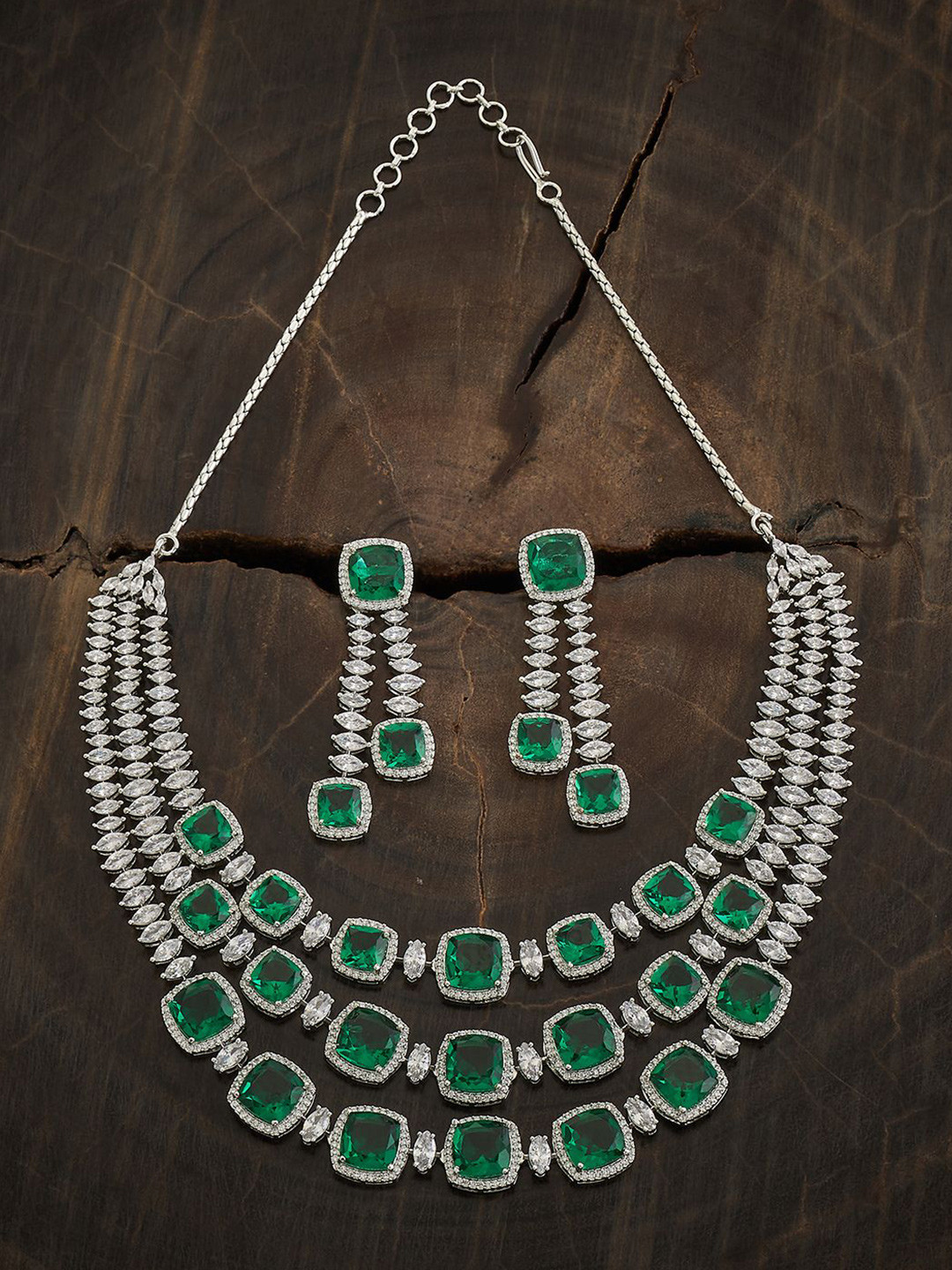 

Kushal's Fashion Jewellery Rhodium-Plated CZ Studded Jewellery Set, Silver