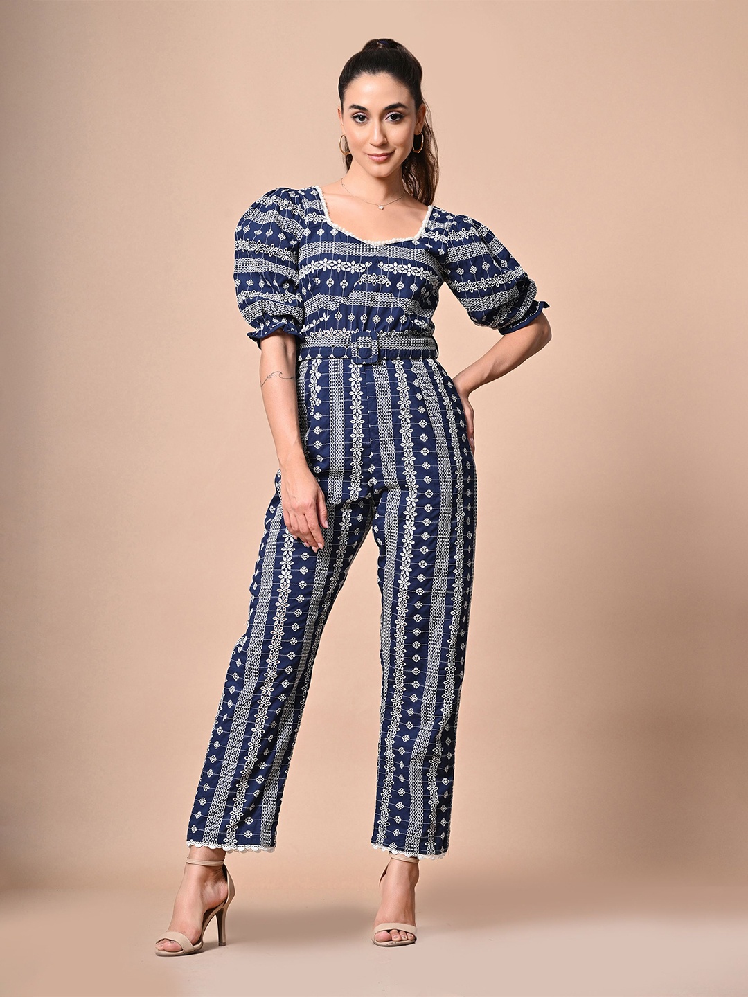 

PANKH Printed Belted Basic Jumpsuit, Navy blue