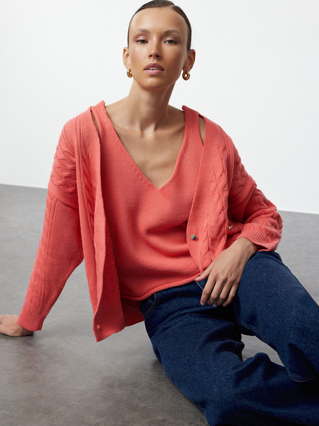 

Trendyol Women Cable Knit Cardigan, Pink