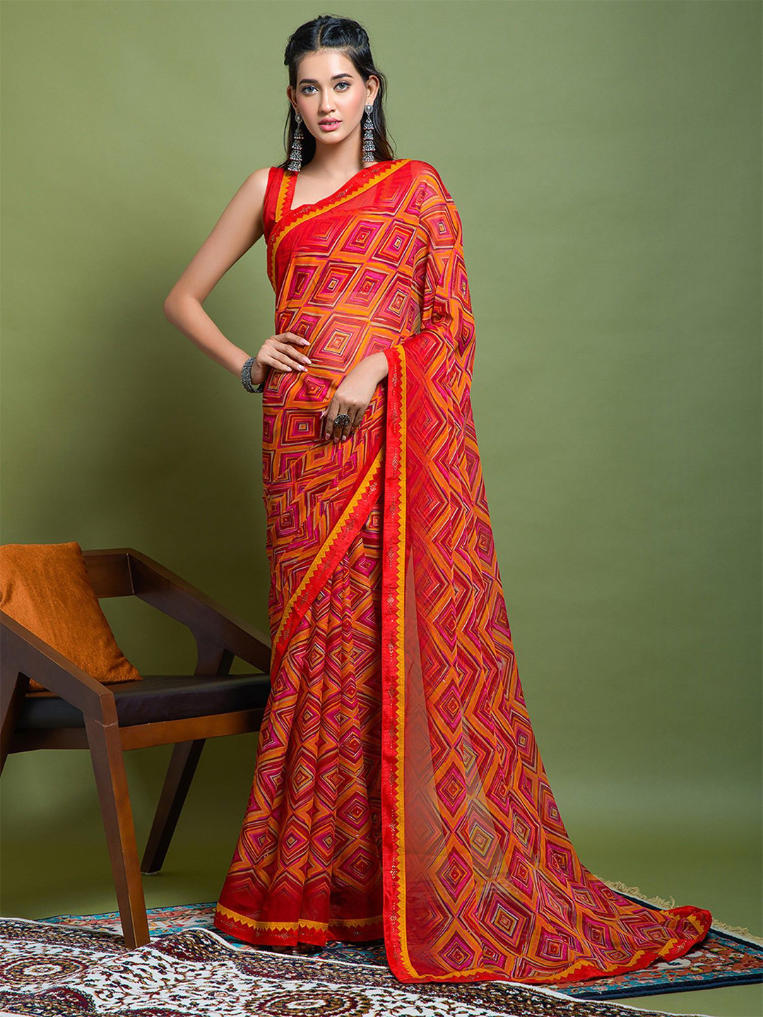 

KALINI Emblished Geometric Printed Festive Saree, Red