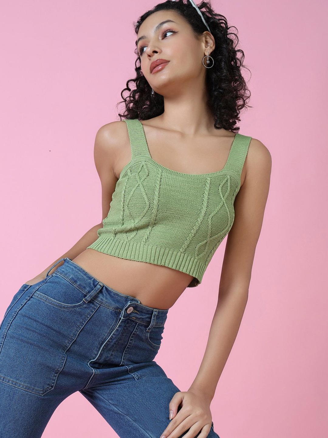 

SHOWOFF Crochet Blouson Crop Top, Green