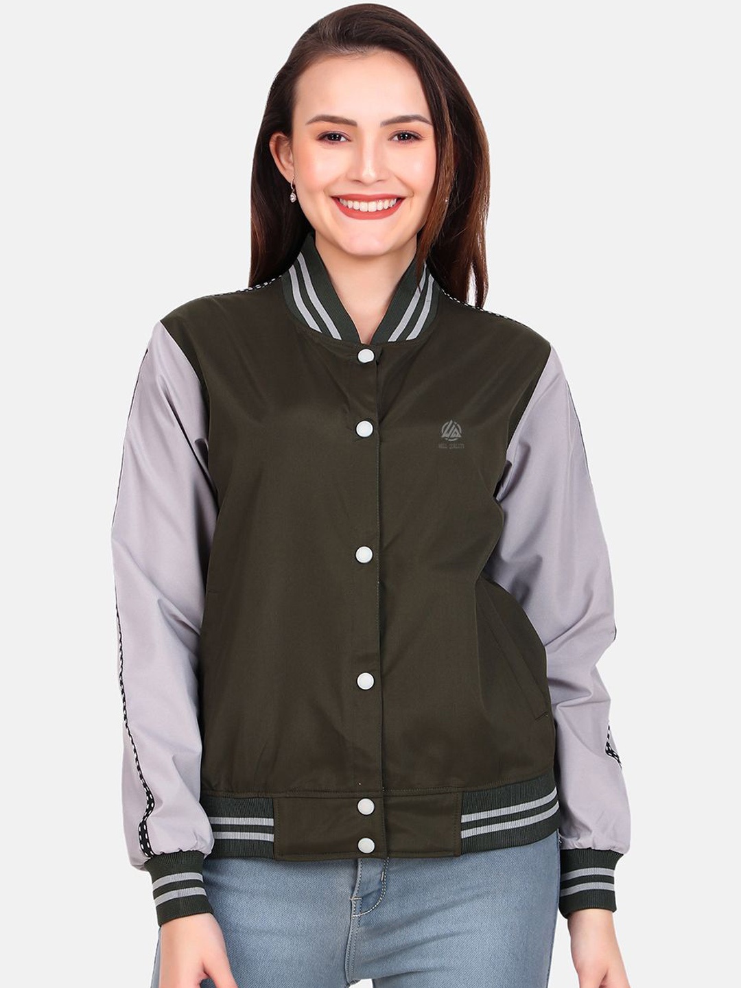 

WELL QUALITY Women Colourblocked Windcheater Training or Gym Sporty Jacket with Embroidered, Olive