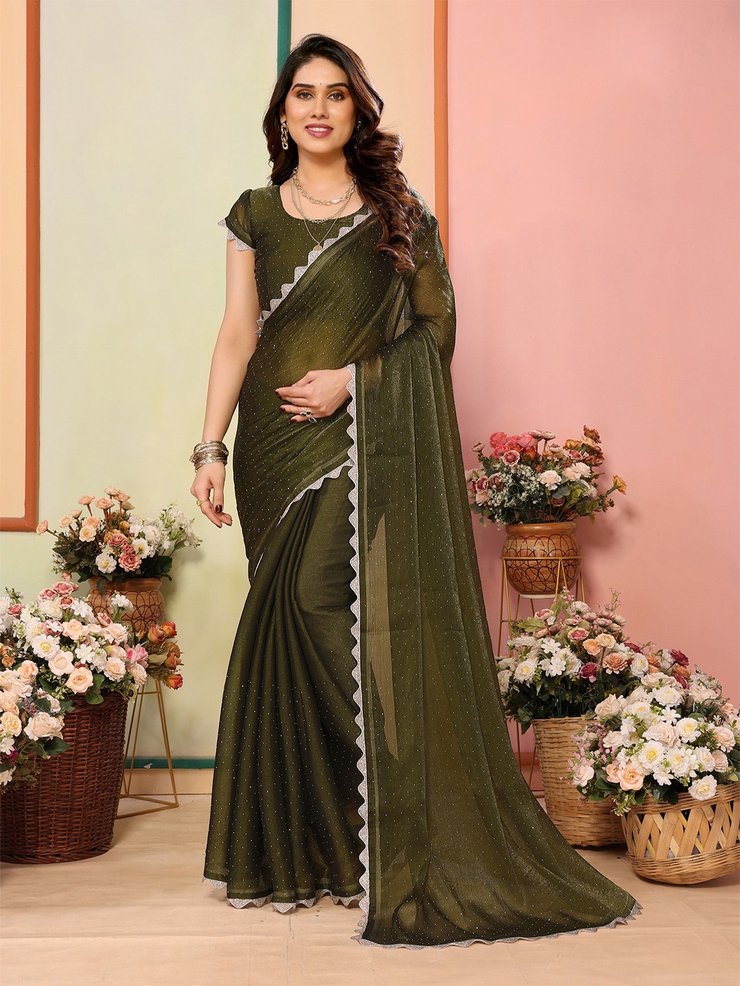 

Ambuja International Embellished Beads and Stones Pure Silk Saree, Olive