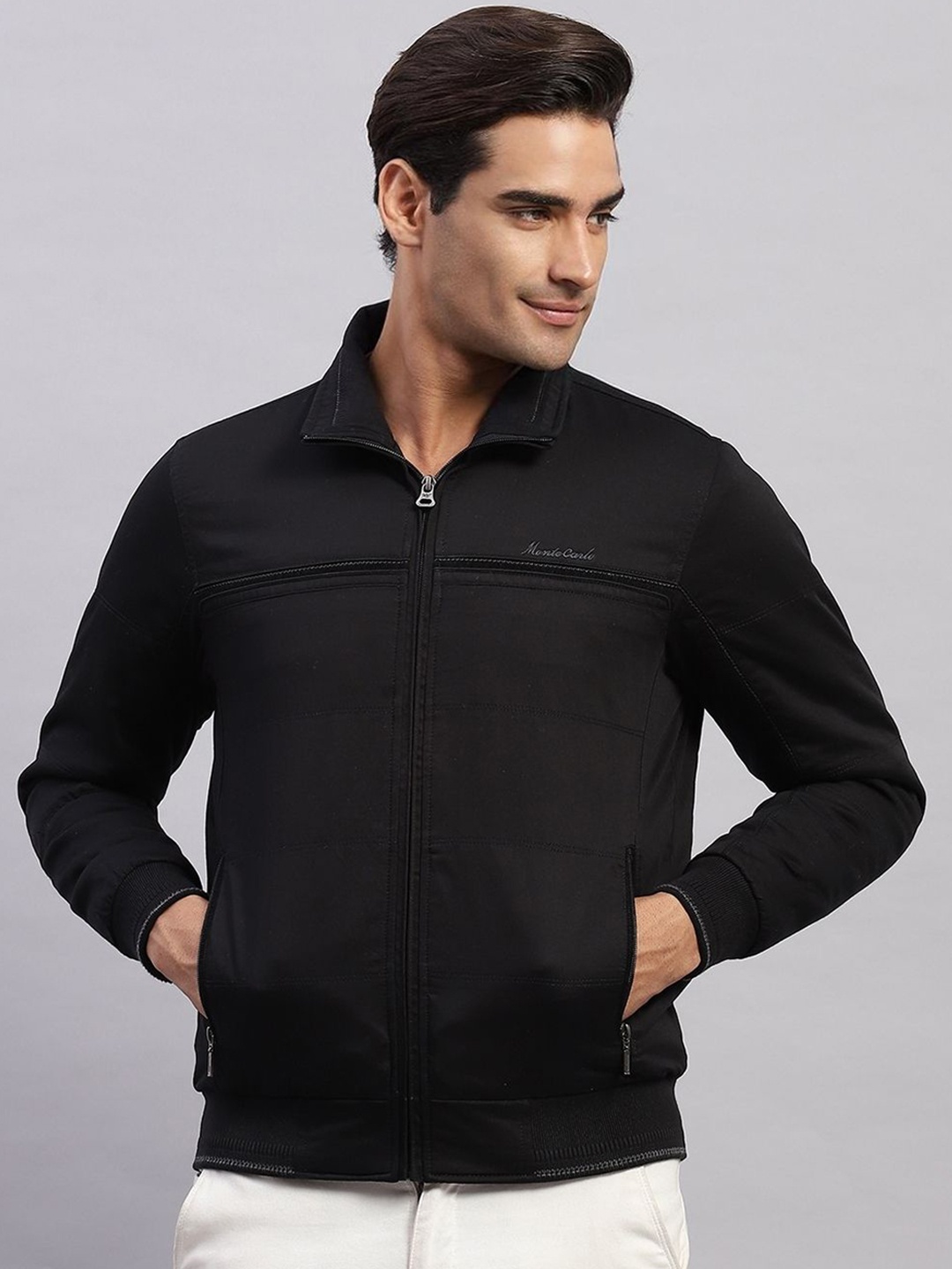 

Monte Carlo Men Solid Mock Collar Bomber Jacket, Black