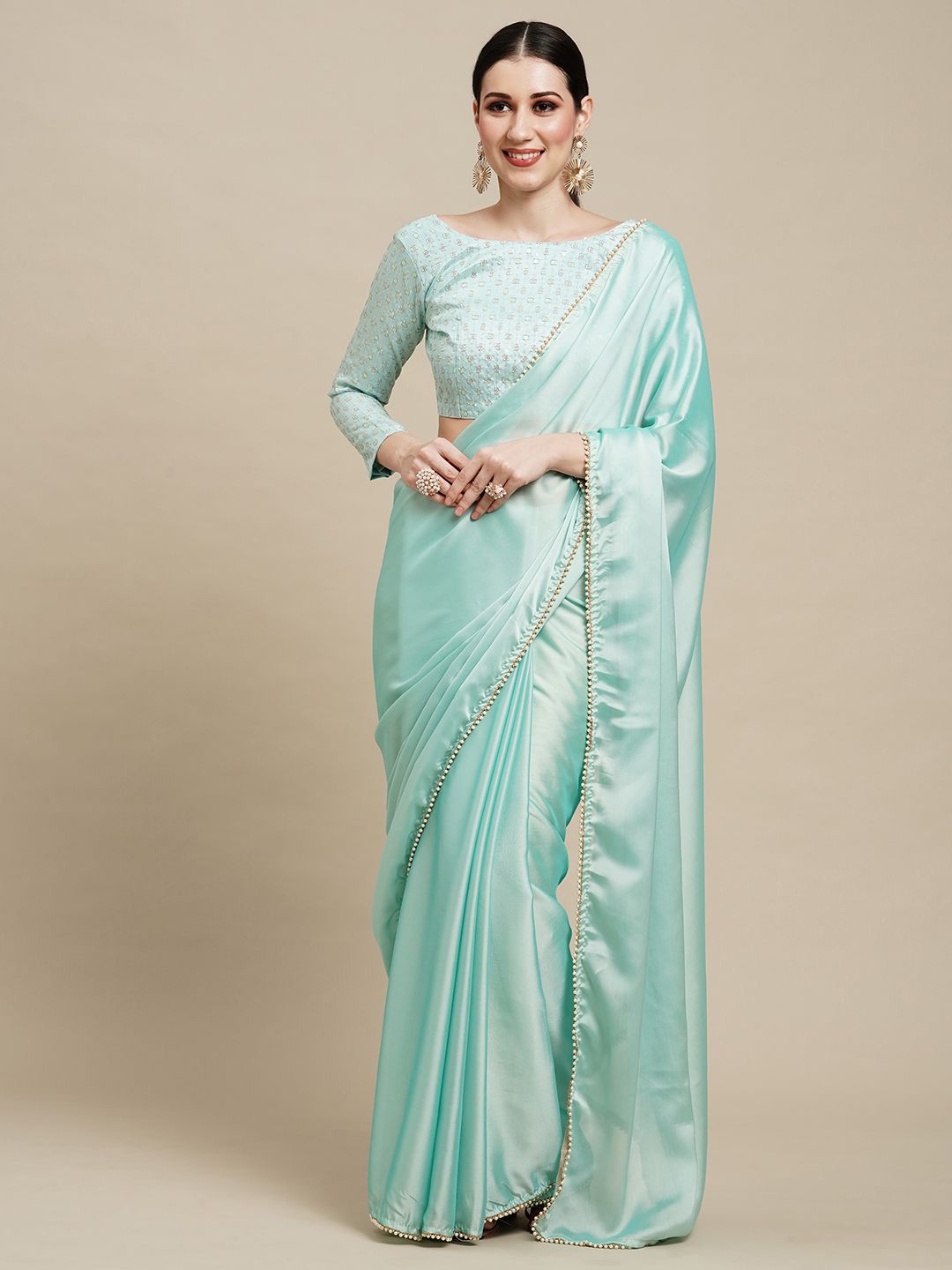 

KALINI Beads and Stones Embllished Ethnic Solid Party Saree, Turquoise blue