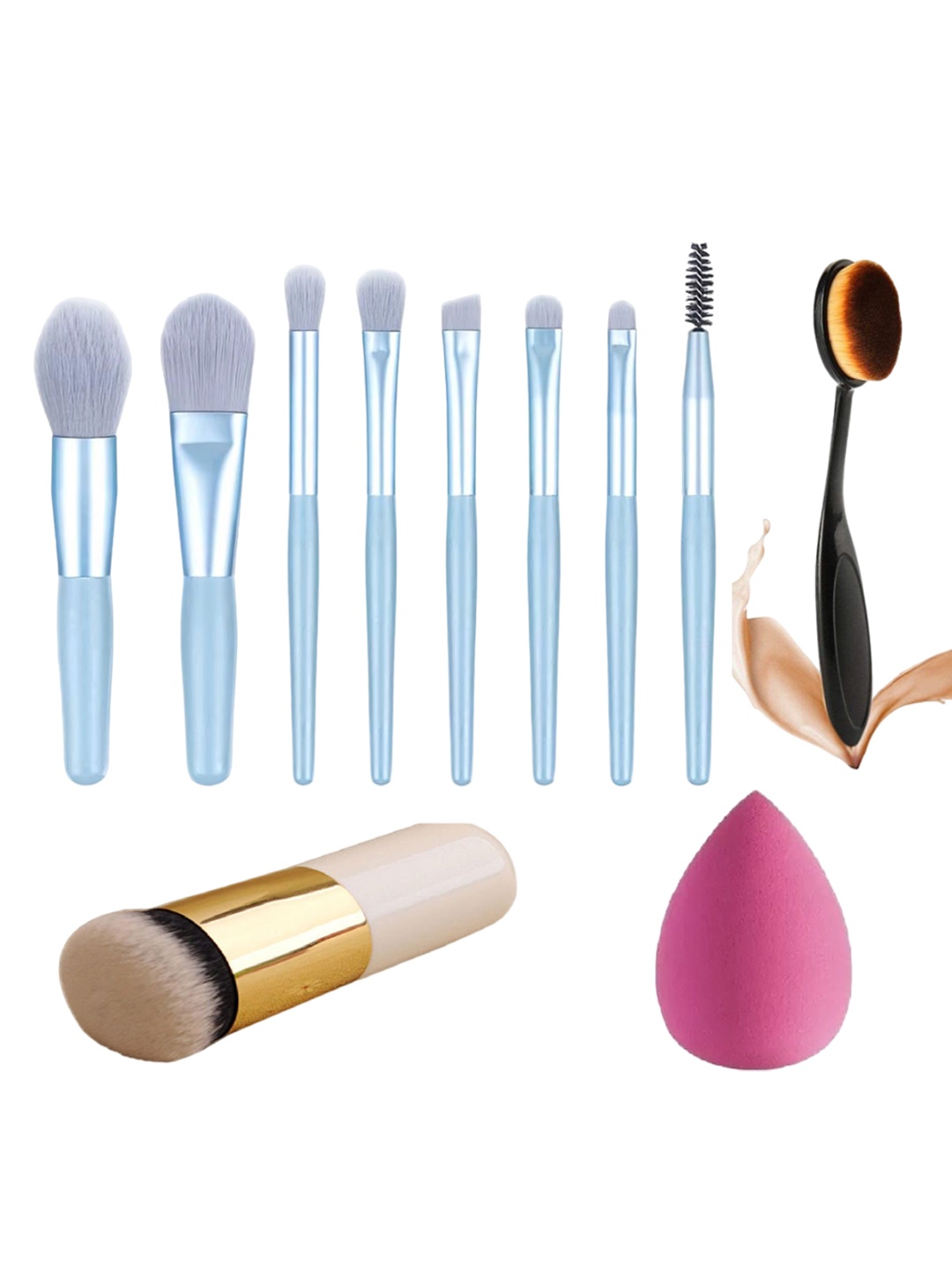 

zemglam Set Of 11 Mini Makeup Brush Set With Beauty Blender Foundation & Oval Brush, Blue