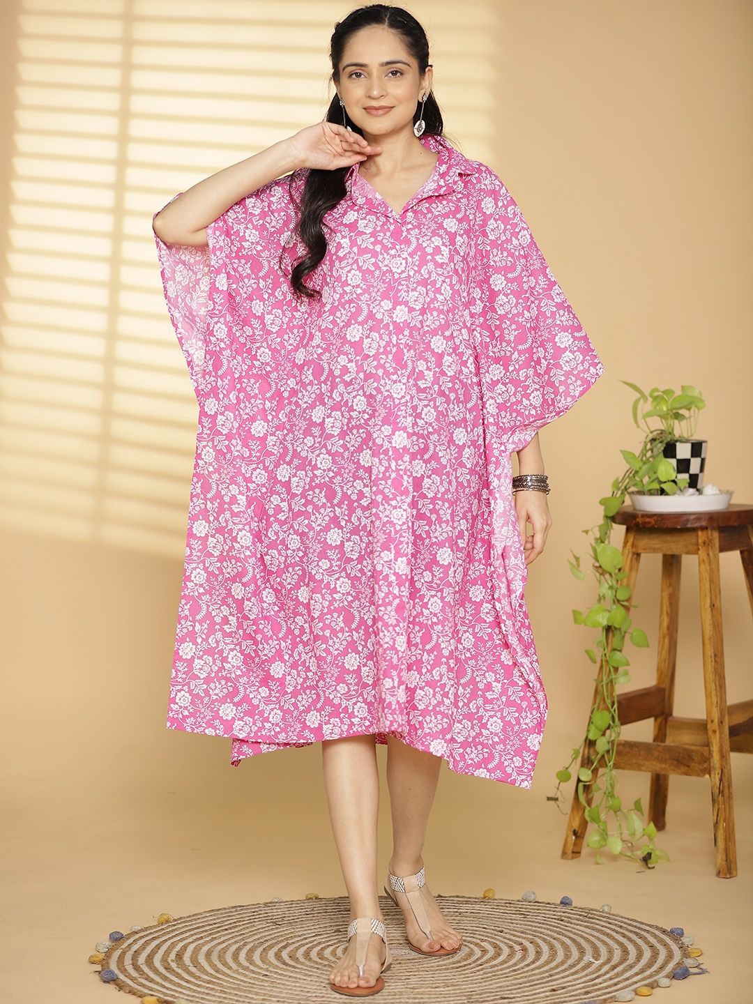 

LetsDressUp Women Floral printed Cotton Kimono Sleeve Kaftan Midi Dress, Fuchsia