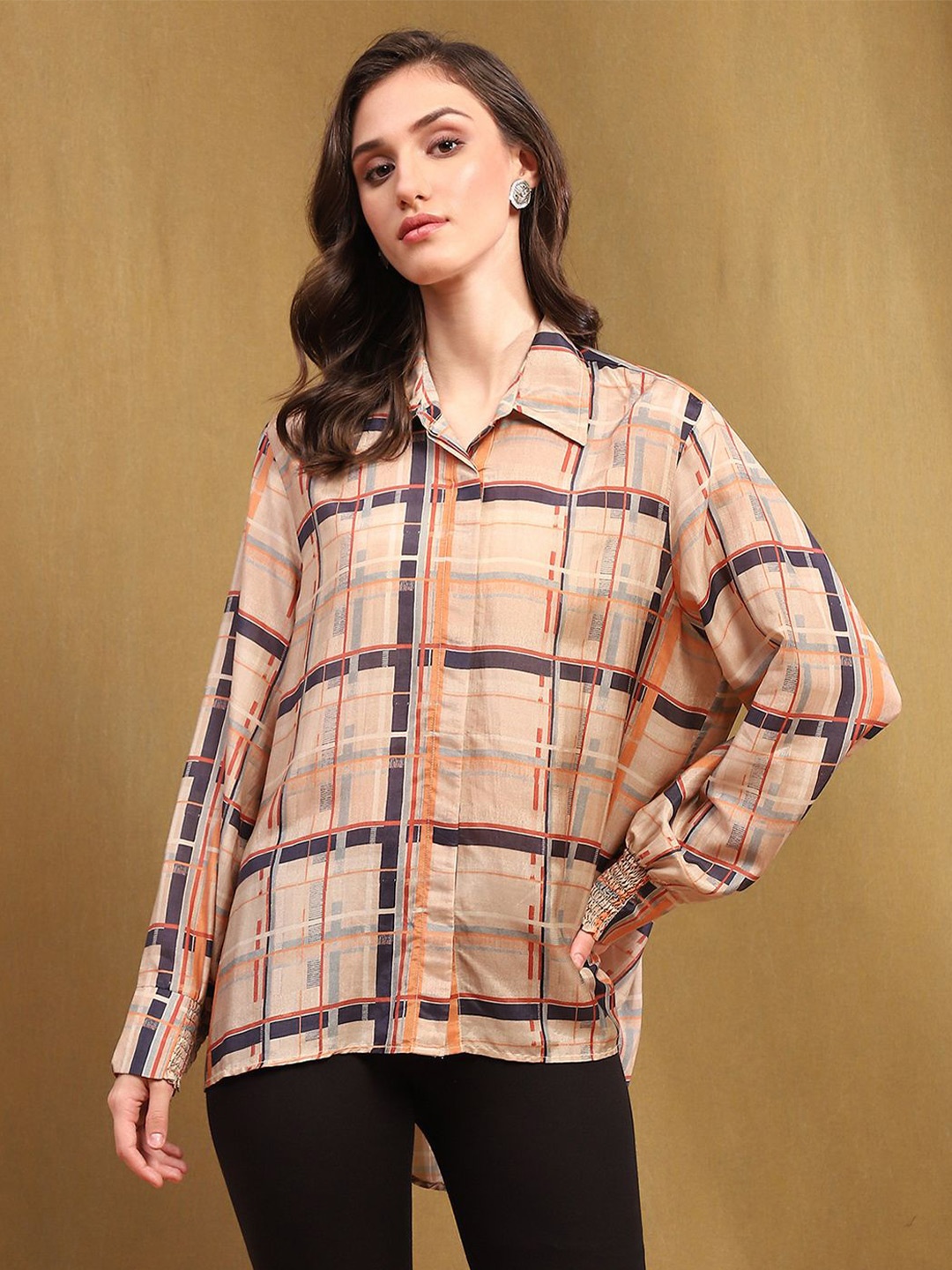 

Biba Women Standard Tartan Checks Opaque Printed Casual Shirt, Beige