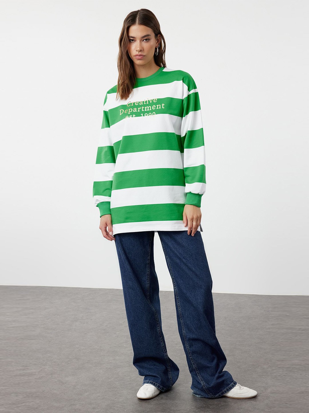 

Trendyol Women Striped Sweatshirt, Green