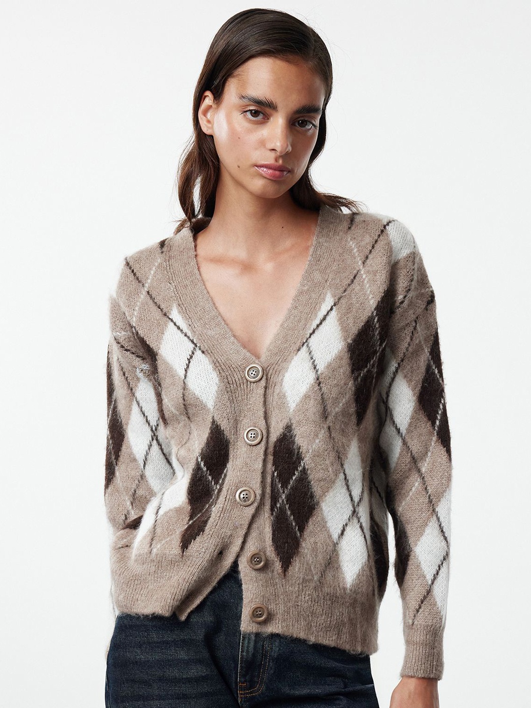 

Trendyol Women Checked Cardigan, Tan