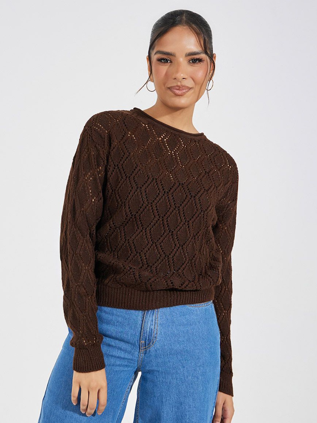 

Styli Women Textured Pattern Regular Length Regular Fit Sweater, Brown