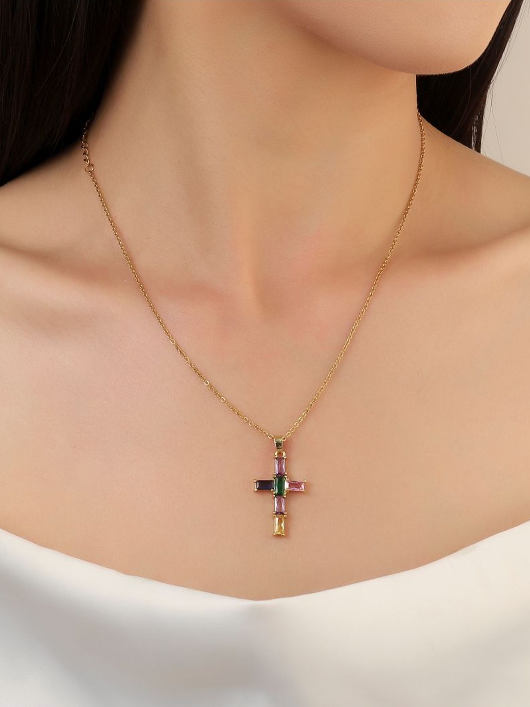 

SALTY Stainless Steel Stone-Studded Baguette Pendants With Chains, Gold