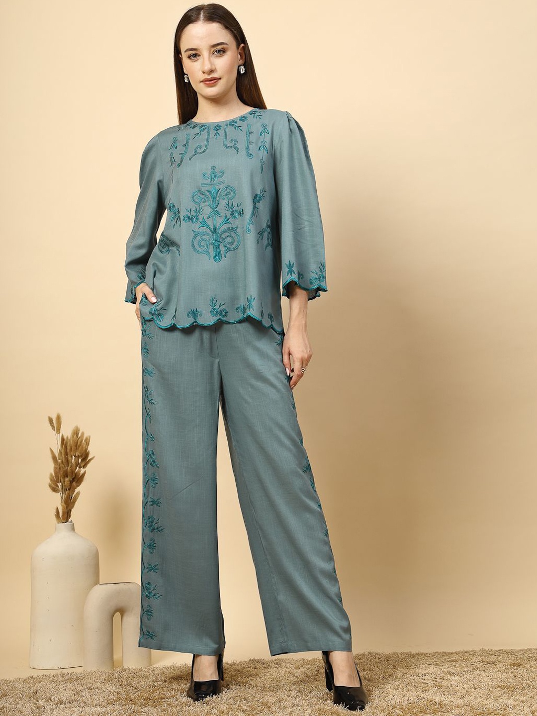 

Gipsy Floral Embroidered Top With Trousers, Blue