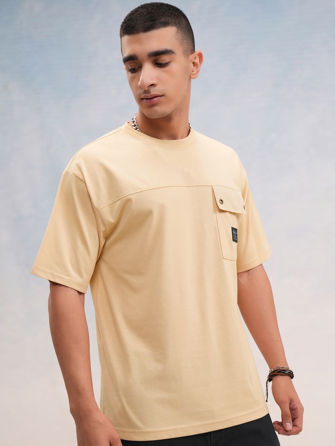 

HIGHLANDER Men Solid Round Neck Cotton Relaxed Fit T-shirt, Beige