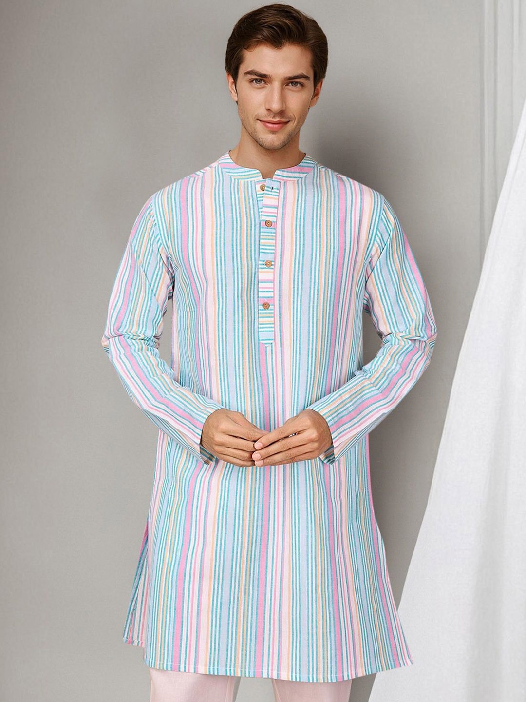 

Anouk Striped Mandarin Collar Pure Cotton Straight Kurta, Blue