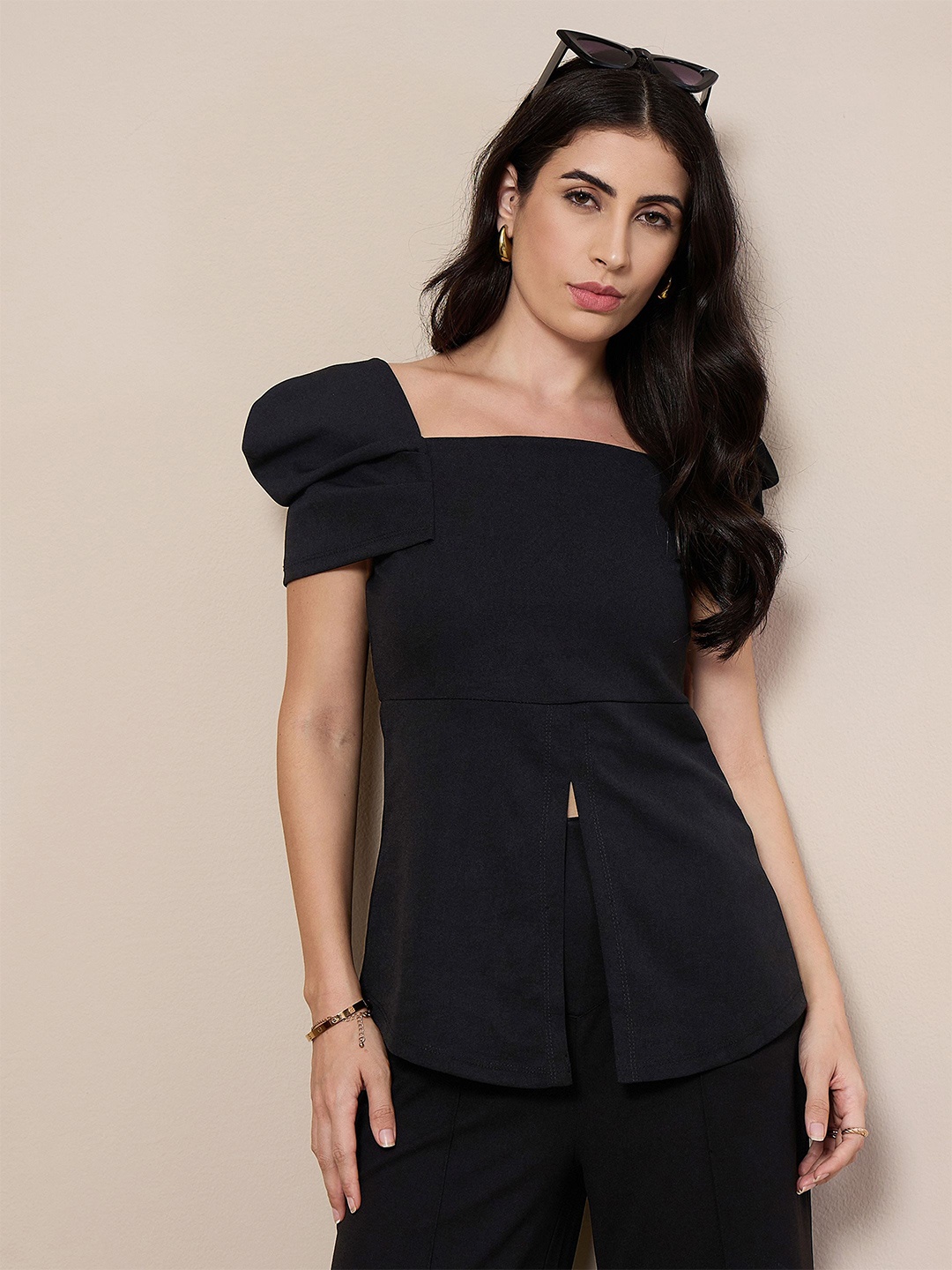 

SASSAFRAS worklyf Puff Sleeve Peplum Top, Black