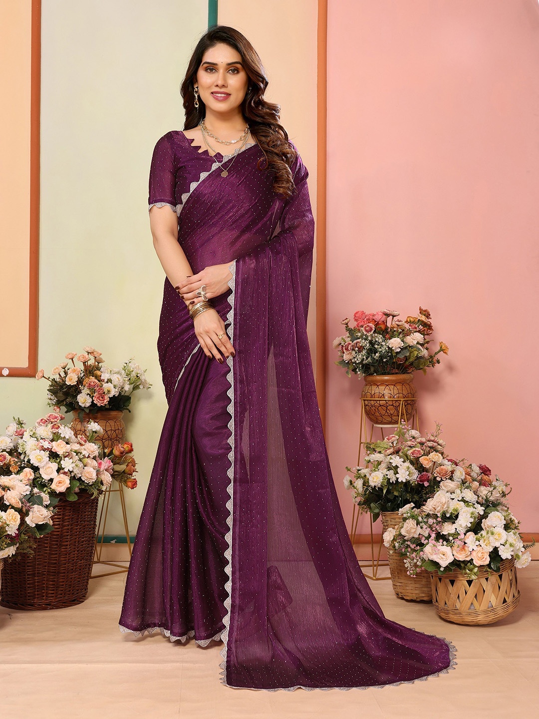 

Ambuja International Embellished Beads and Stones Pure Silk Saree, Purple