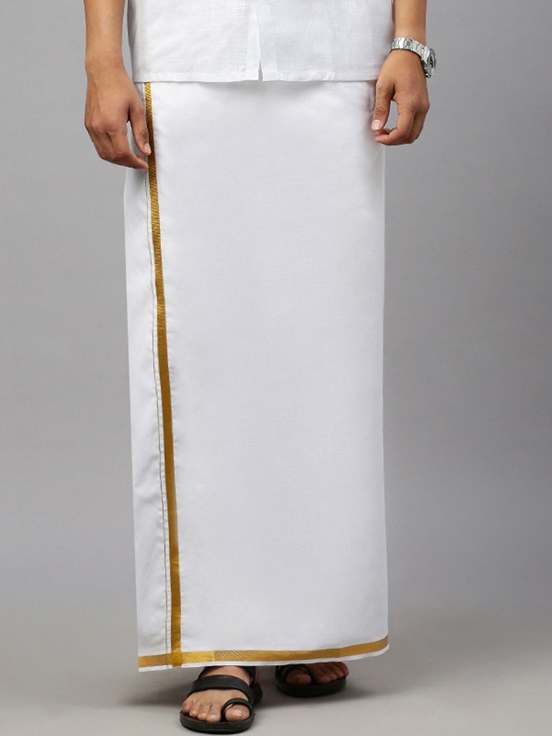 

Ramraj Men Pure Cotton Dhoti with Golden Zari Border, White