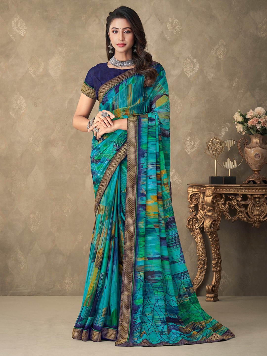 

KALINI Abstract Printed Zari Border Saree, Blue
