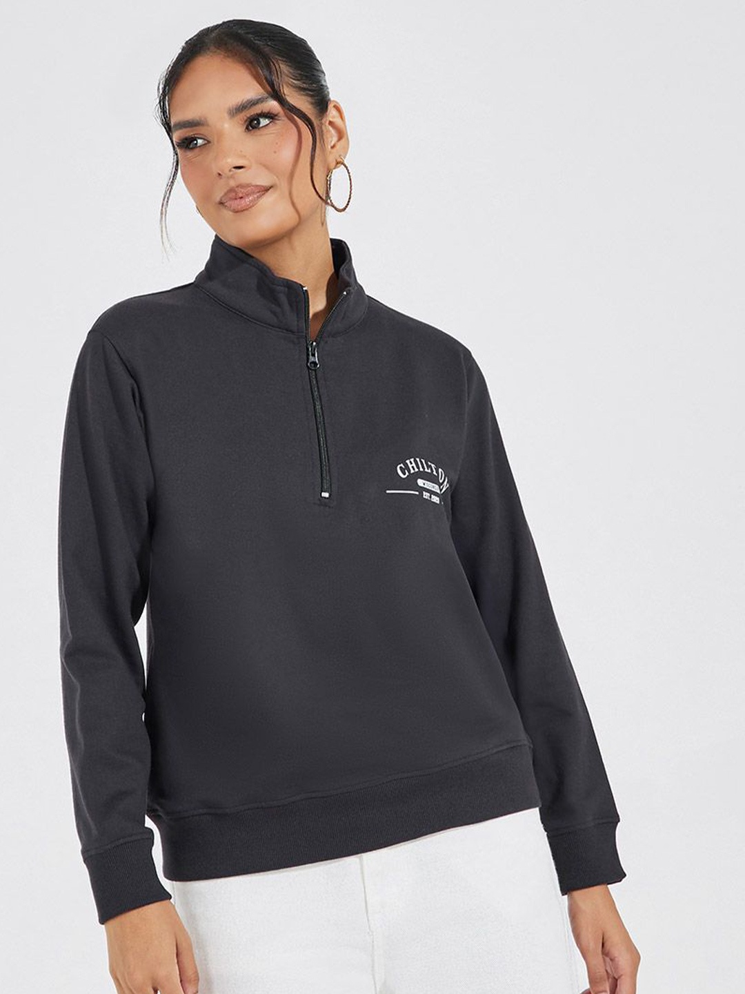 

Styli Women Regular Fit Half Zipper Sweatshirt, Black