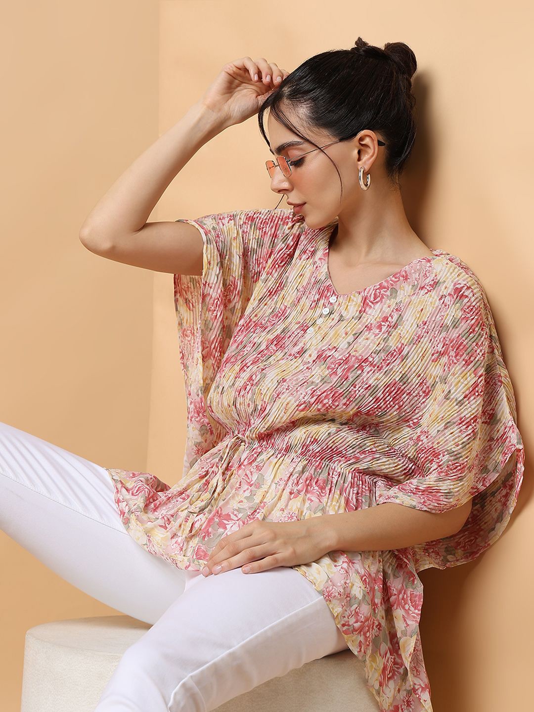 

SHOWOFF Floral Print Chiffon Kaftan Top, Pink