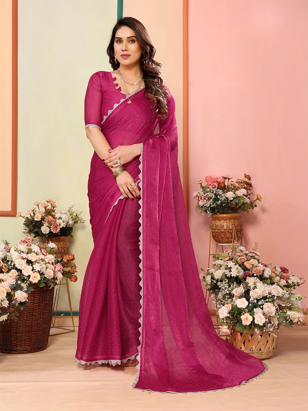 

The Textile Hub Embellished Beads and Stones Pure Silk Saree, Pink