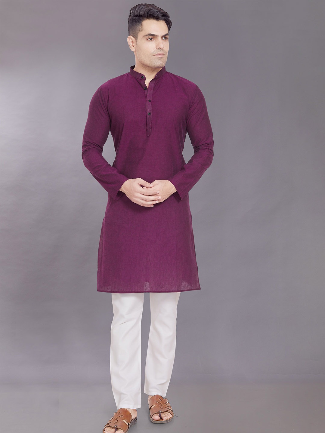 

DIVISIVE Mandarin Collar Regular Pure Cotton Kurta With Pyjama, Purple