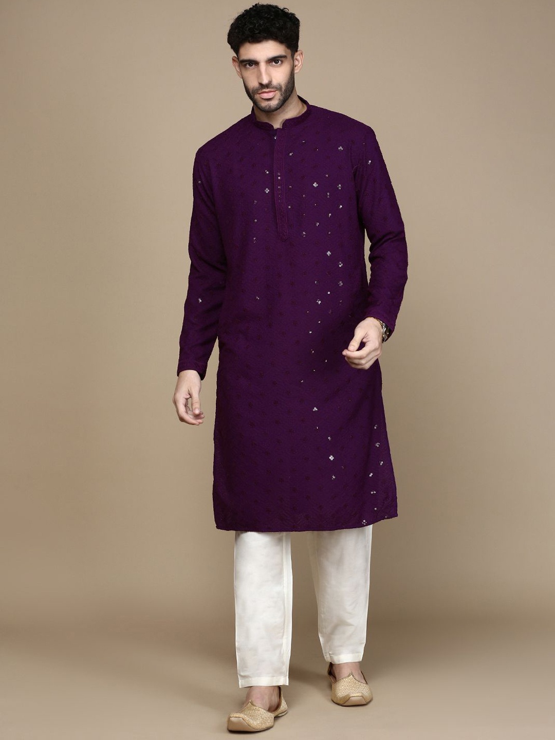 

Rishika Mandarin Collar Embellished Sequinned Cotton Straight Kurta, Purple