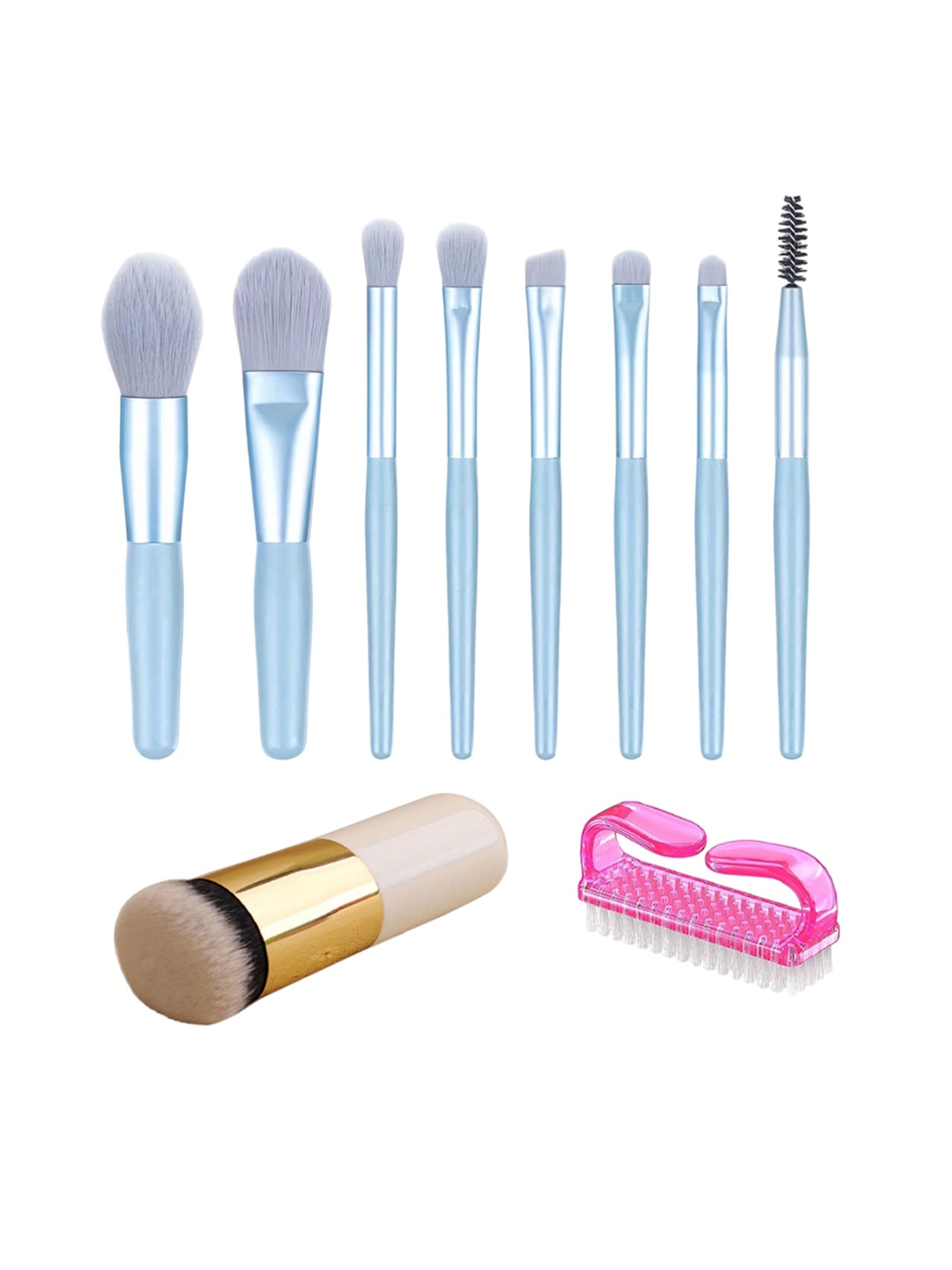 

zemglam Set Of 8 Pcs Makeup Brushes with 1Pc Nail Cleaning Brush & 1 Foundation Brush, Blue