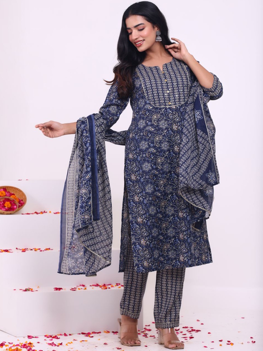 

KALINI Floral Printed Gotta Patti Notch Neck Straight Kurta With Trousers & Dupatta, Blue