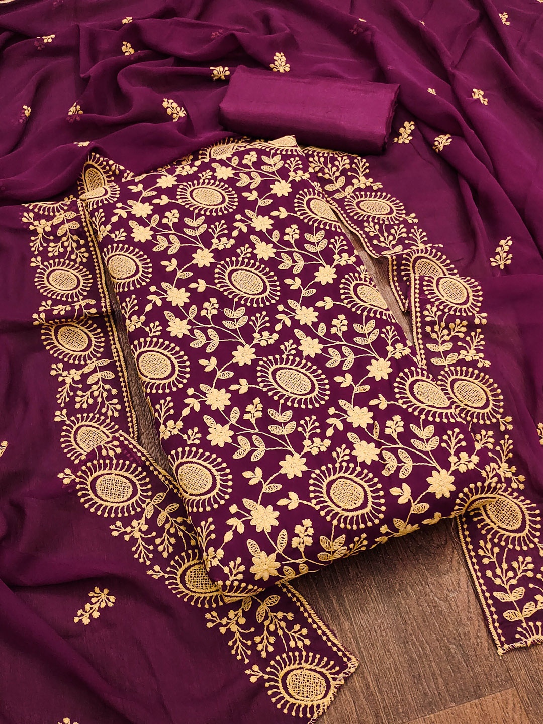 

Ishin Floral Embroidered Zari Silk Georgette Unstitched Dress Material, Purple