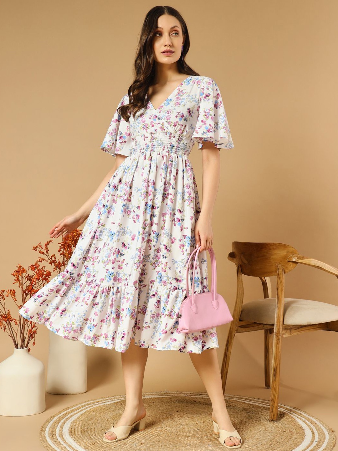 

OTABU Floral Printed Flared Sleeve Formal A-Line Midi Dress, Purple