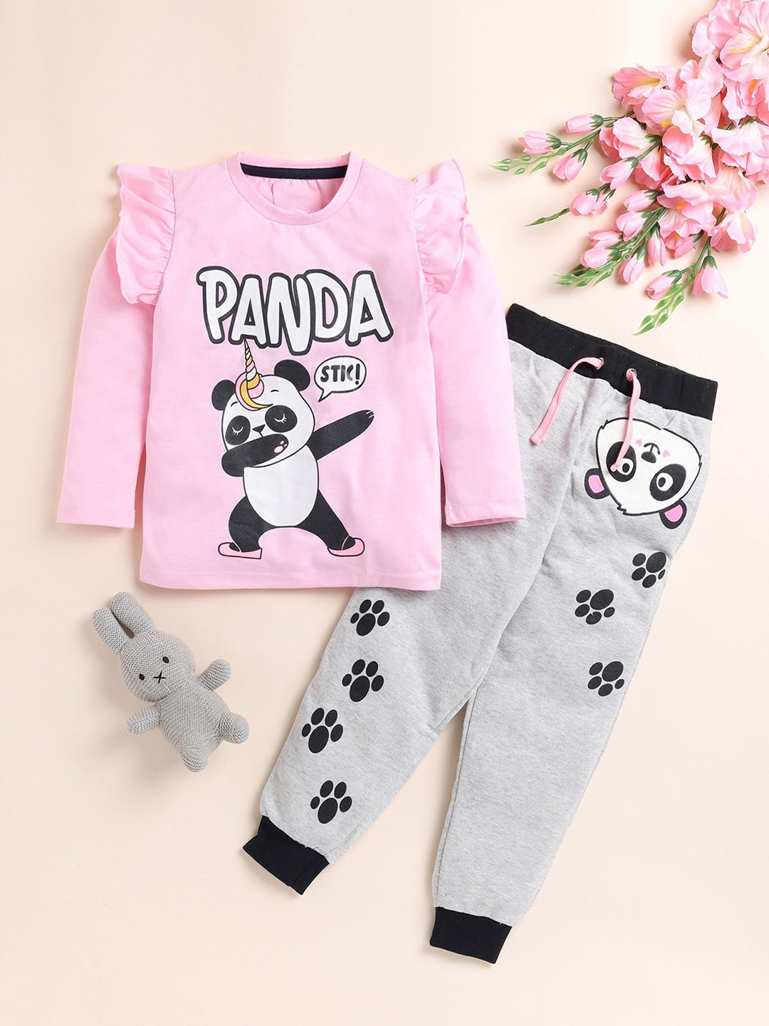 

YK Girls Graphic Printed Top With Joggers, Pink