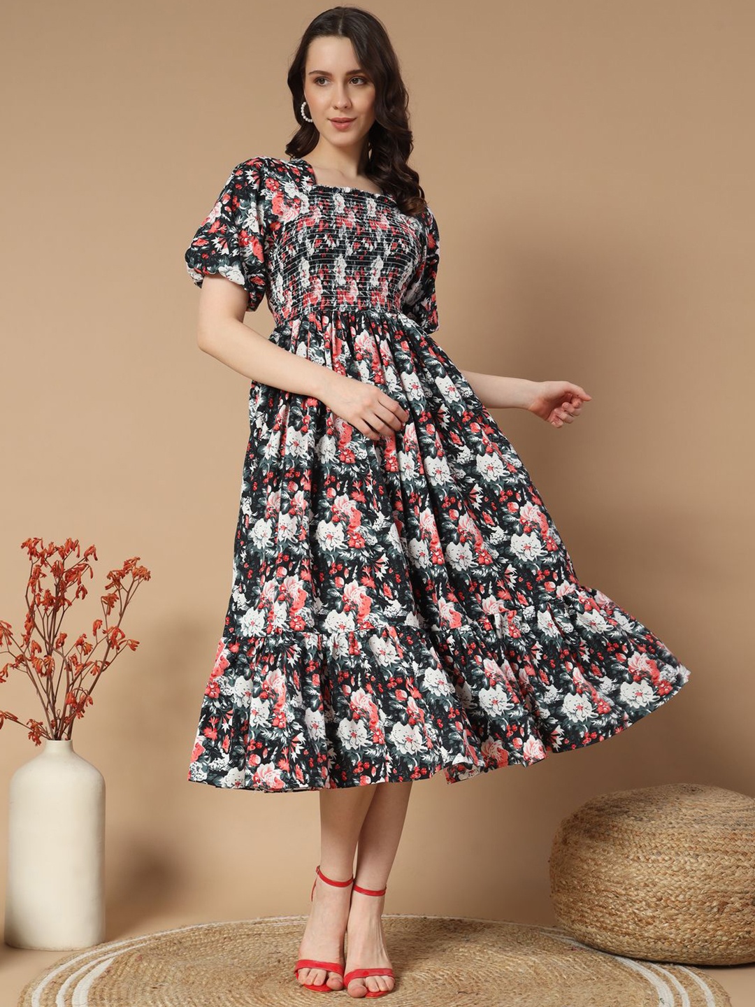 

OTABU Women Floral Printed Puff Sleeve A-Line Midi Dress, Black