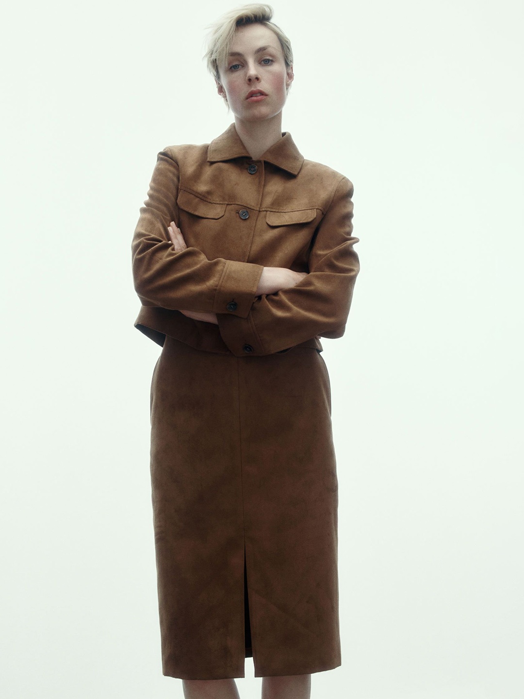 

H&M Napped Slit-Front Skirt, Brown
