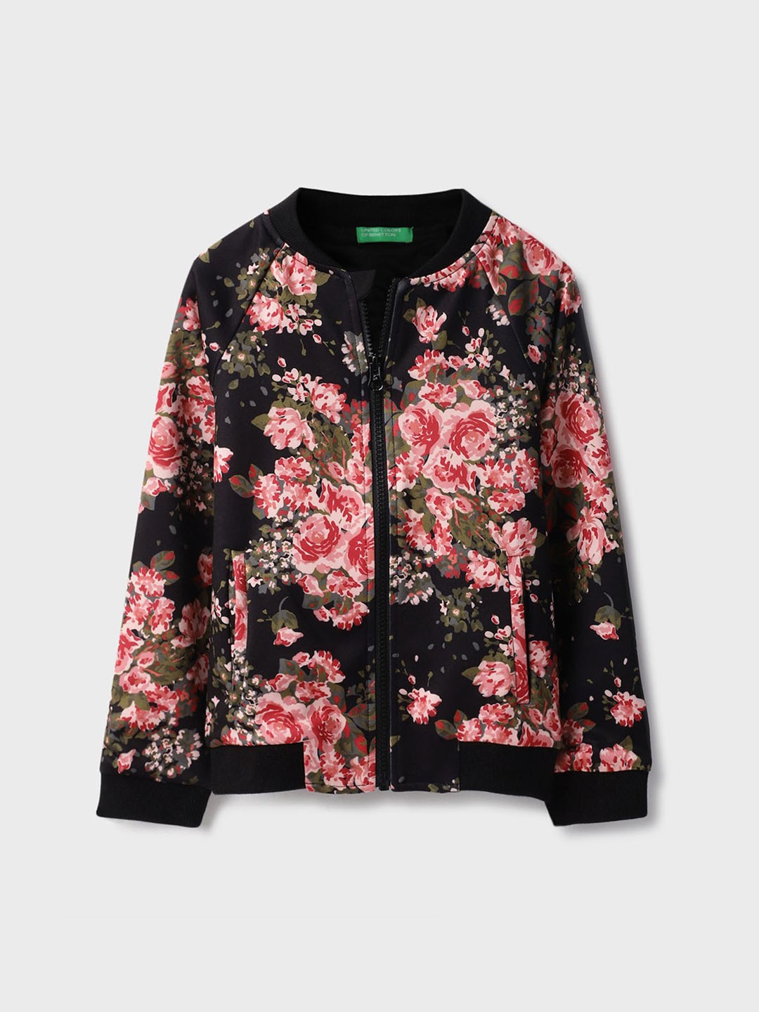

United Colors of Benetton Girls Floral Printed Lightweight Bomber Jacket, Black