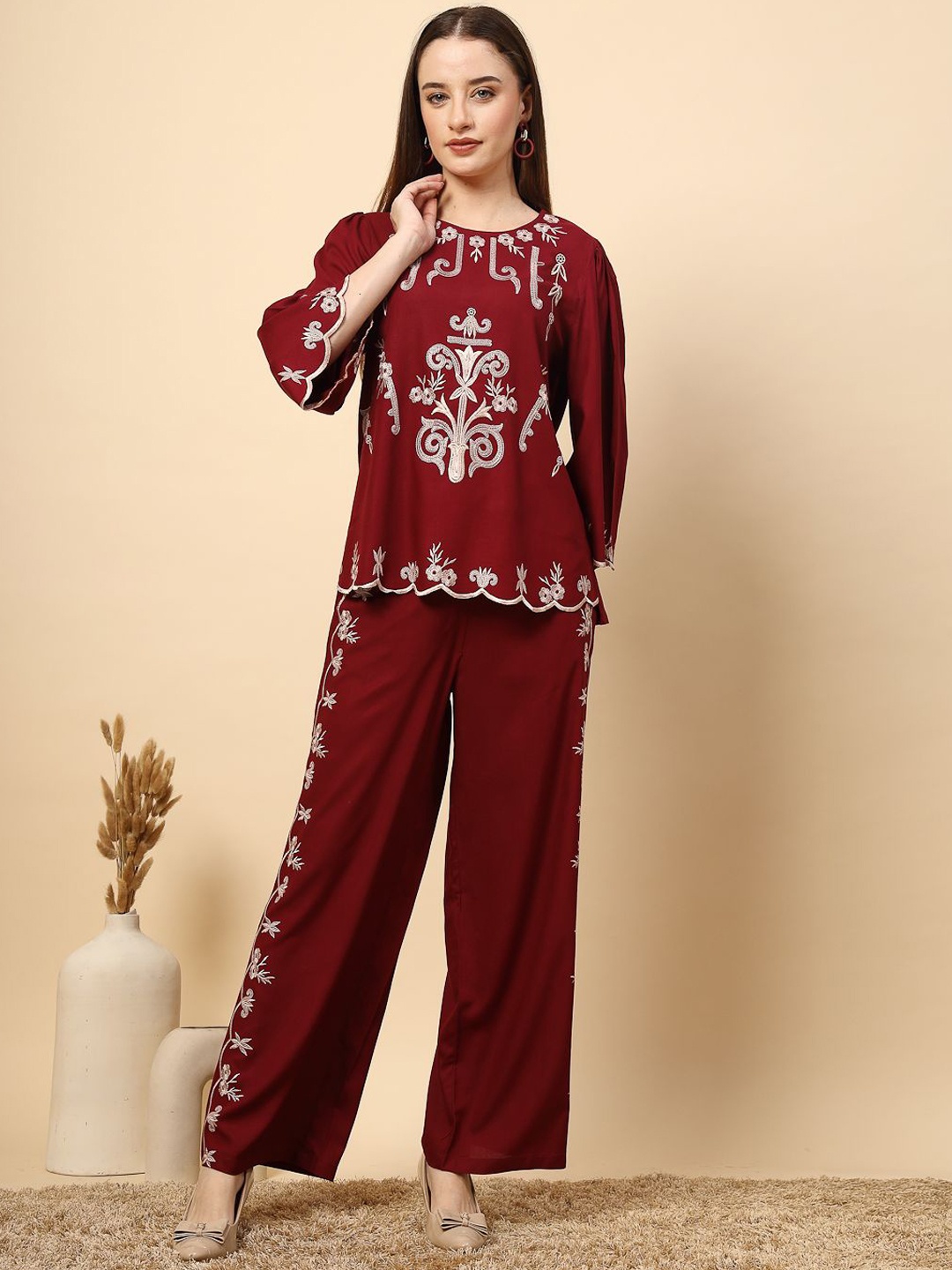 

Gipsy Floral Embroidered Top With Trousers, Maroon