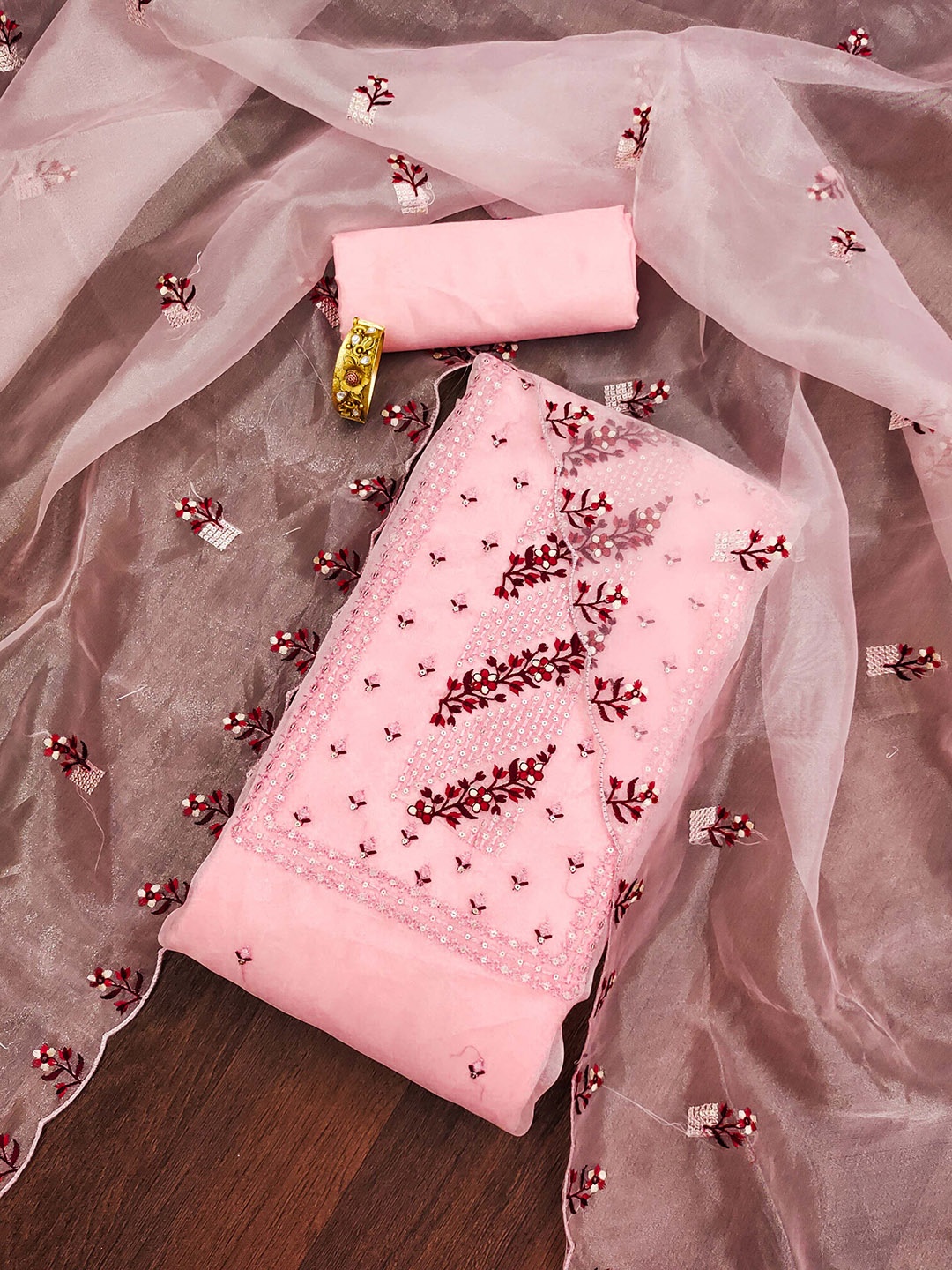 

Ishin Ethnic Motifs Embroidered Sequinned Organza Unstitched Dress Material, Pink