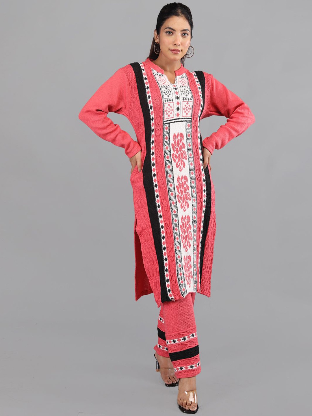 

TYSORT Floral Woven Design Mandarin Collar Knitted Weave A-Line Kurta With Trouser, Peach