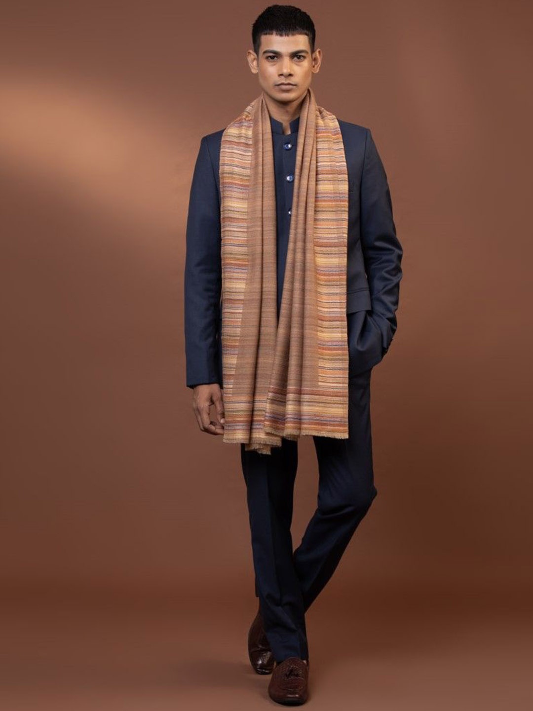 

MODARTA Striped Woolen Fringed Border Shawl, Brown