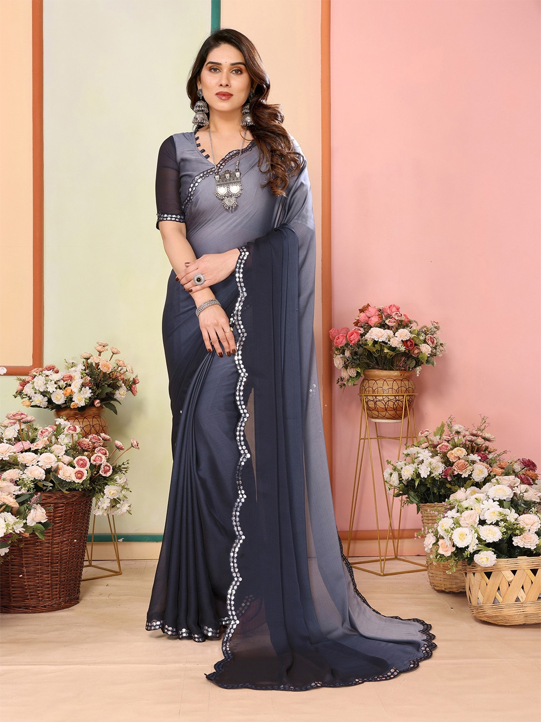 

Ambuja International Ombre Mirror Work Pure Silk Saree, Grey