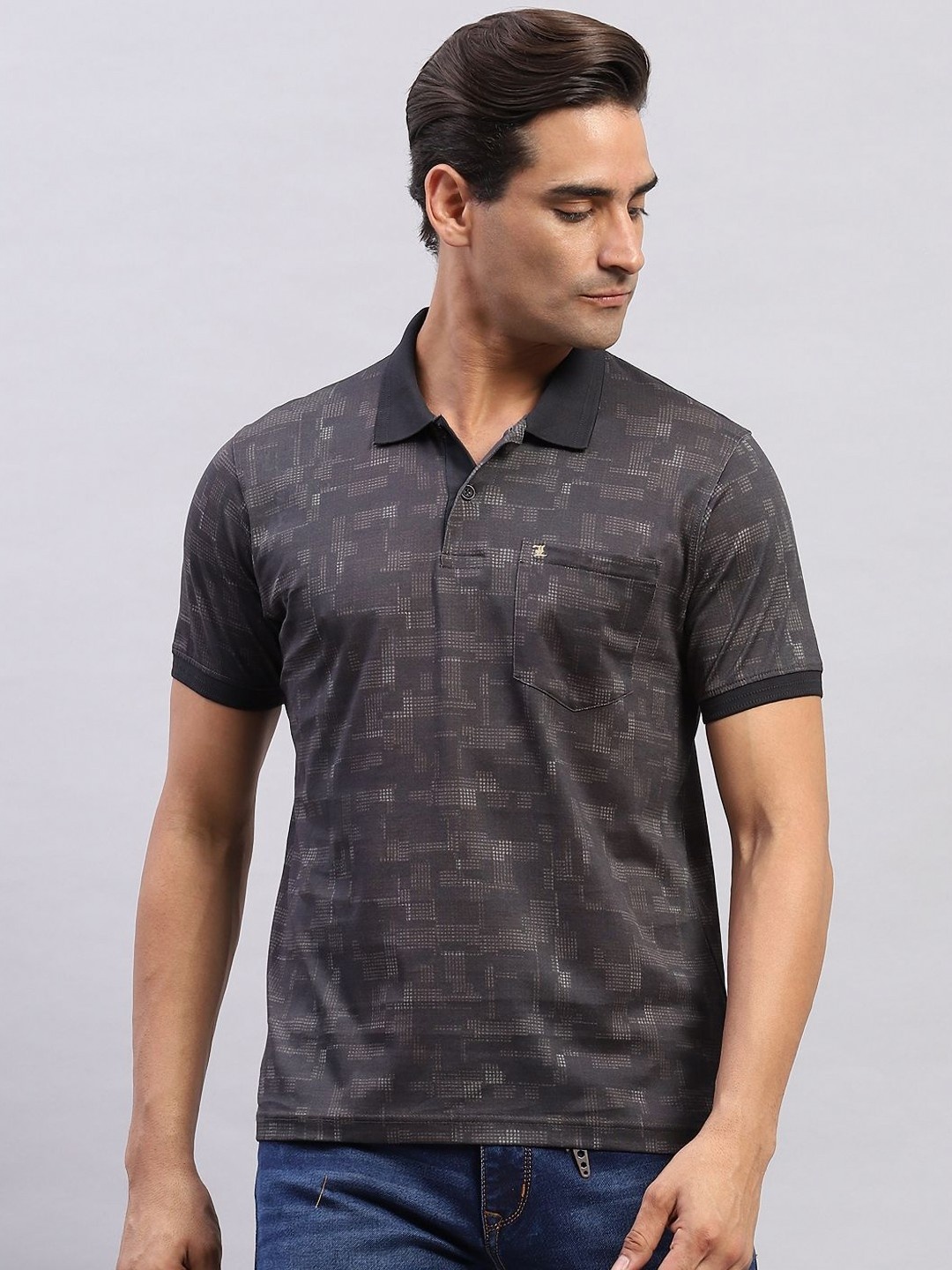 

Monte Carlo Men Abstract Printed Polo Collar Cotton T-shirt, Black