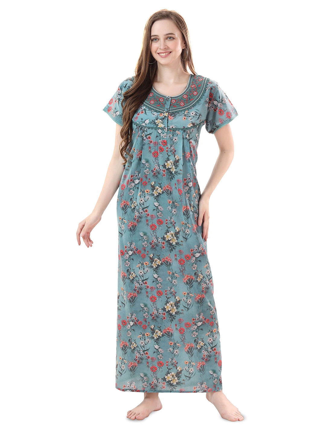 

Soulemo Floral Printed Embroidered Maxi Nightdress, Sea green