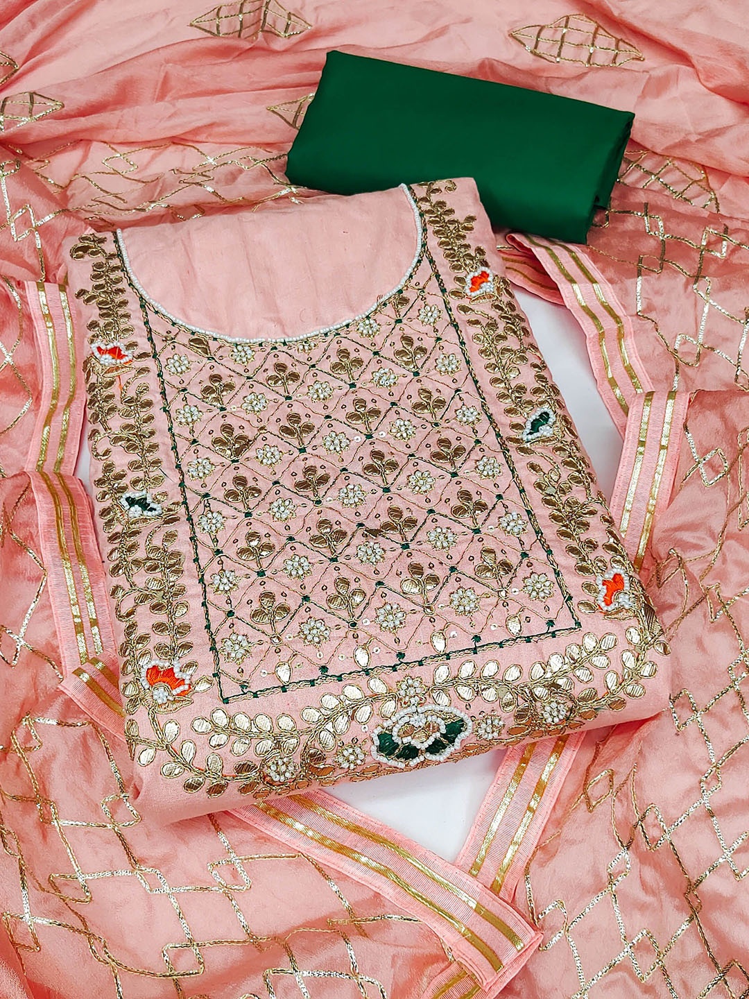 

Ishin Ethnic Motifs Embroidered Beads and Stones Unstitched Dress Material, Peach