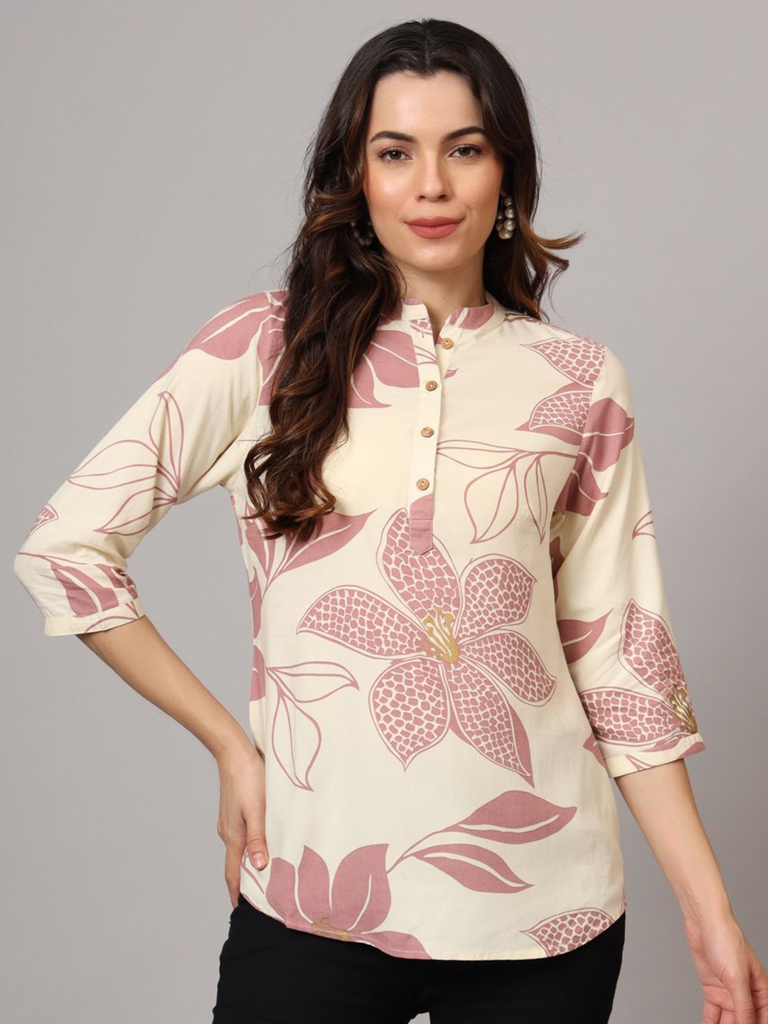 

Anouk Rustic Mandarin Collar Printed Tunic, Beige